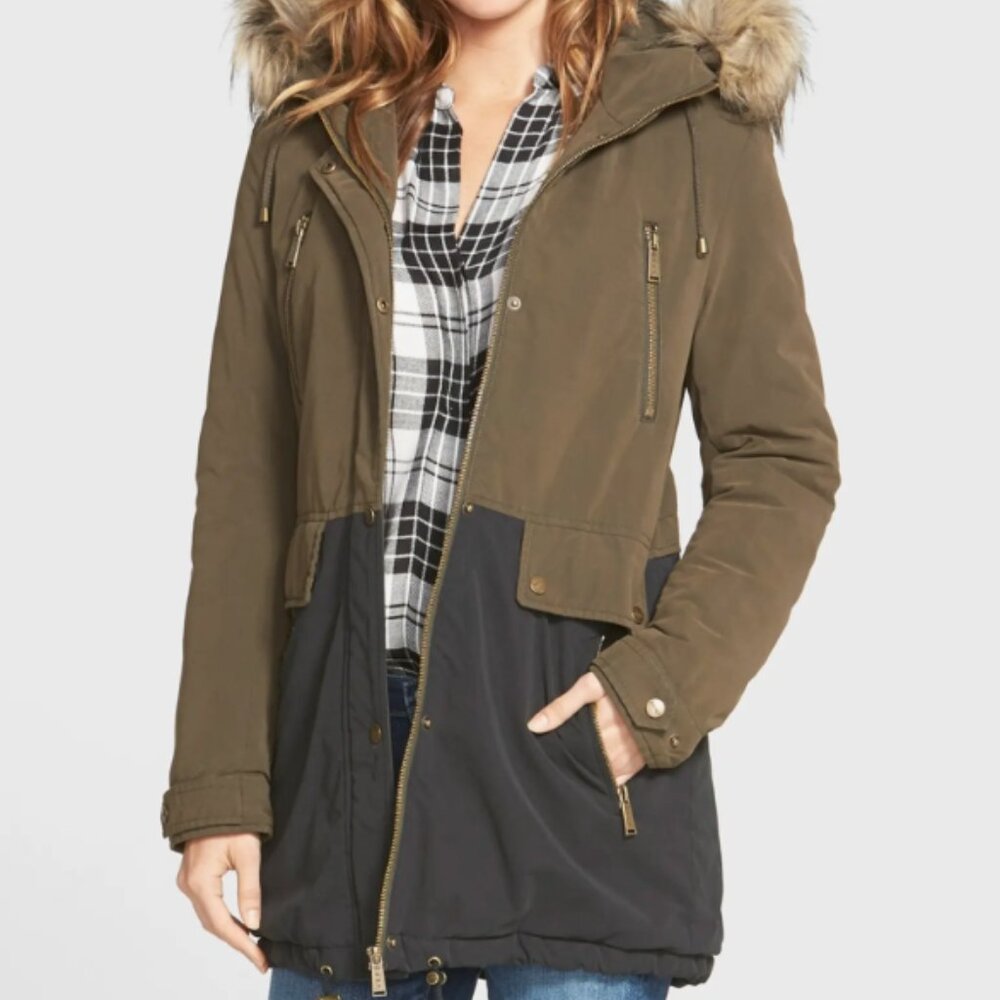 DKNY Faux Fur Trim Two-Tone Parka